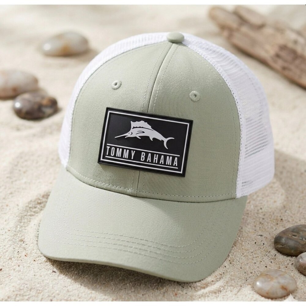 Tommy Bahama Mens Sage Green & White Trucker Hat With Logo Patch And Mesh Back A